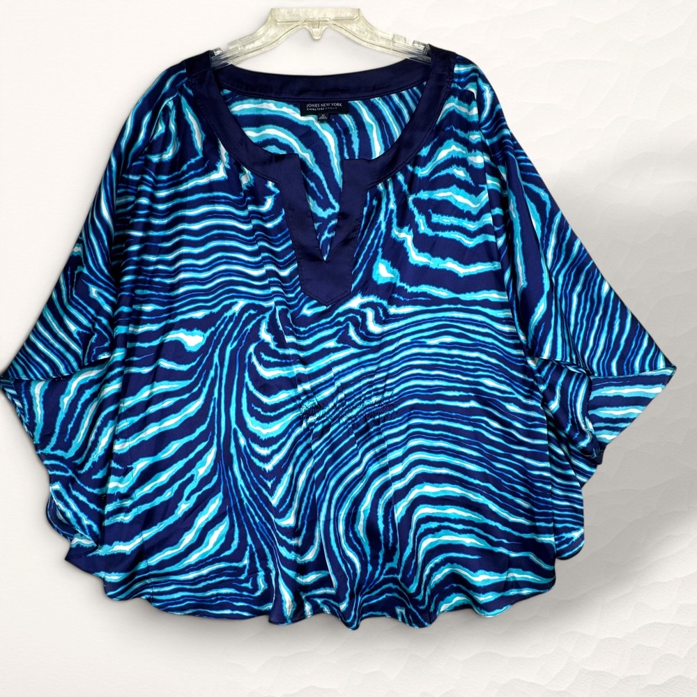 Jones New York Poncho Blouse Women 2X Blue‎ Coastal Resort Wear Dolman Top